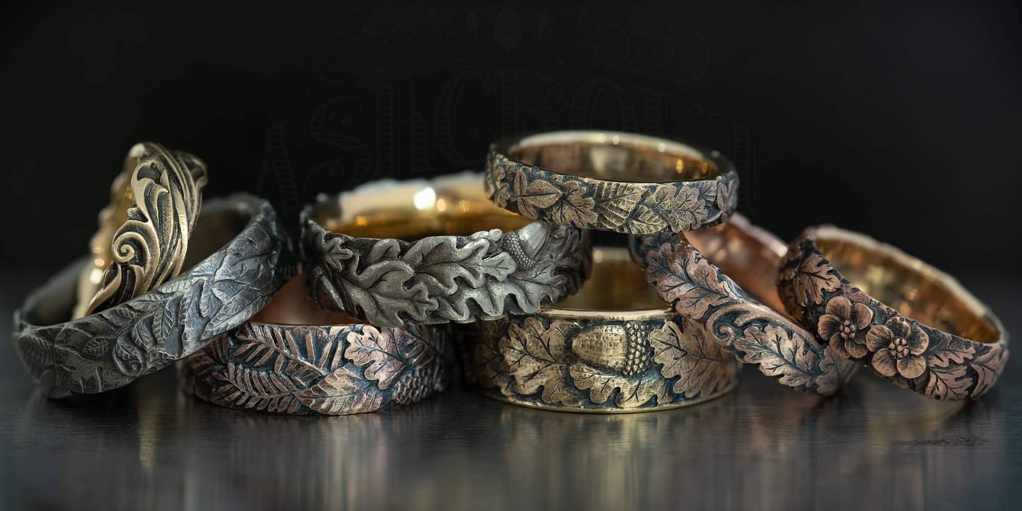 Group of hand engraved rings by andrew ashcroft